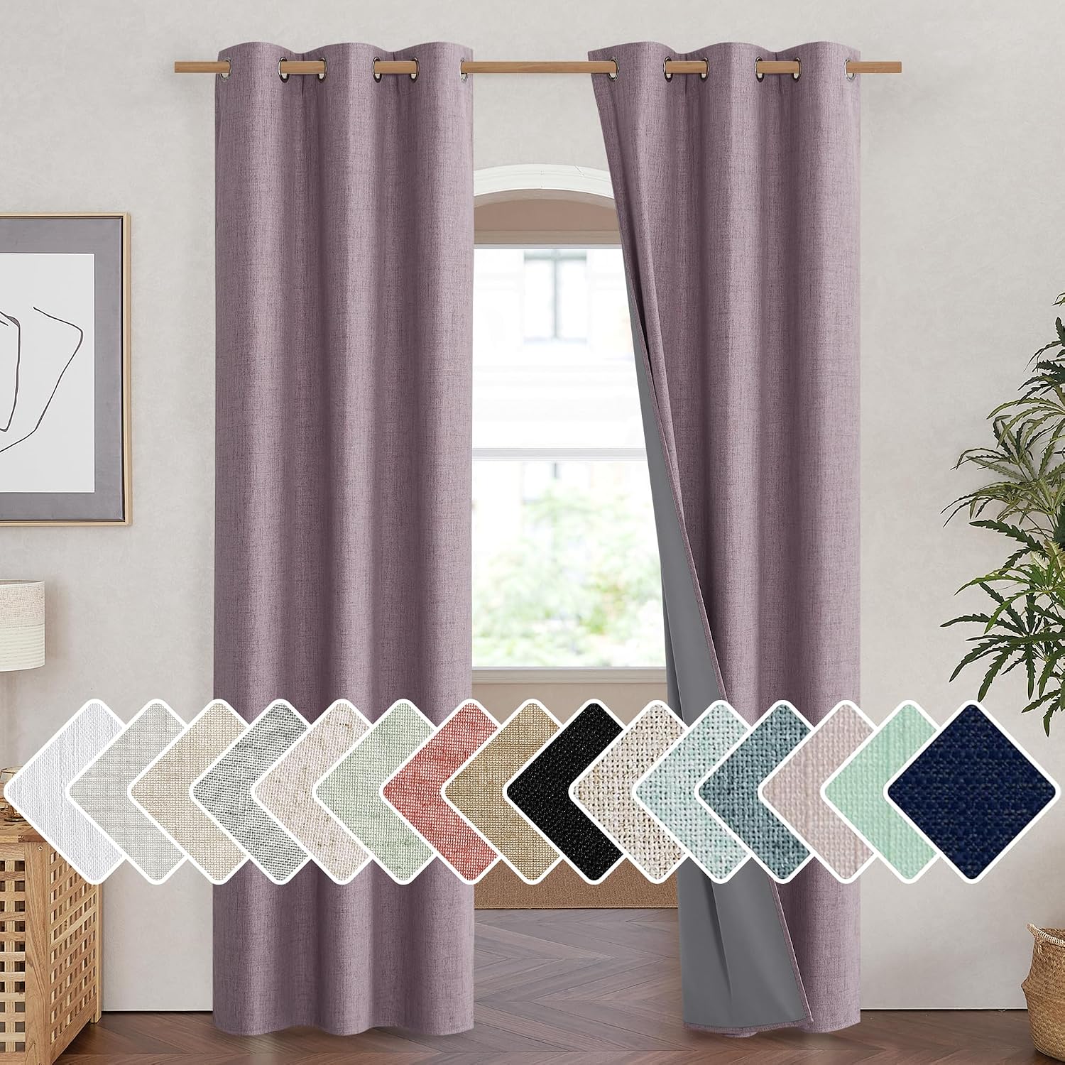 NICETOWN Chaise Mauve Vintage Linen 100% Blackout Curtains for Living Room, Thermal Insulated Curtains 84" Long, Noise Reducing Window…