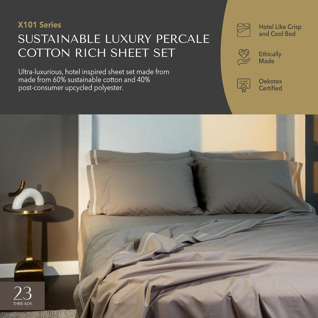 23Threads 23 THREADS X101 Series Cotton Percale Rich Bed Sheets and Pillowcases Set, 15 Inch Deep Pocket, Luxury Cooling Bedding Linen, Que…
