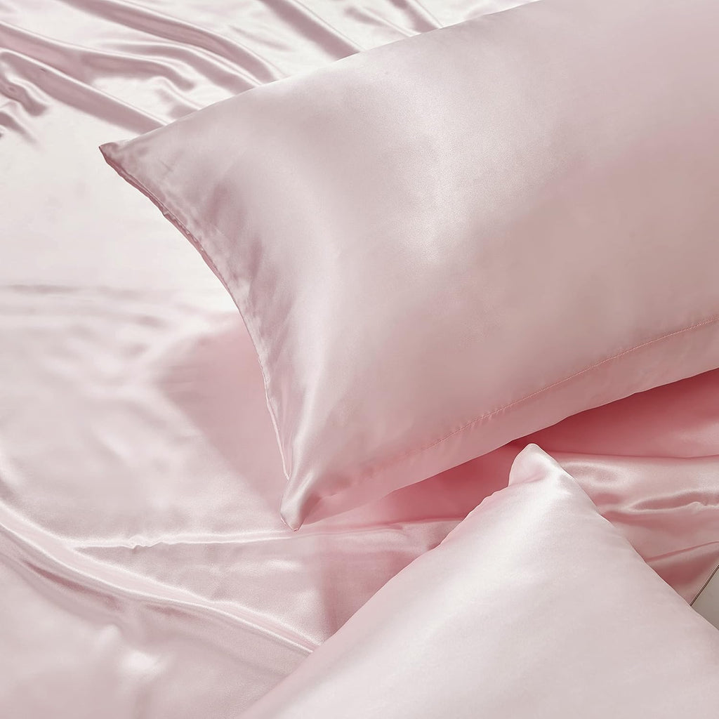 HommxJF Pink Satin Pillowcase Queen Size Set of 2 for Hair and Skin, Pink Silk Pillowcase Breathable Pillowcase with Envelope Closure Pink