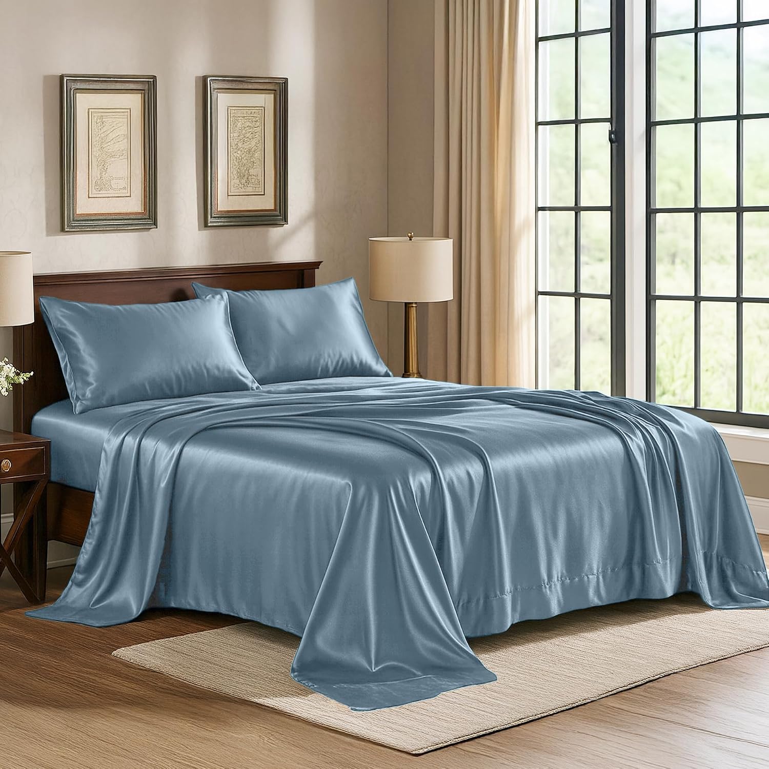 PureBedding Satin Sheets Full [4-Piece, Skyblue] Hotel Luxury Silky Bed Sheets - Extra Soft 1800 Microfiber Sheet Set, Wrinkle, Fade, Stain…