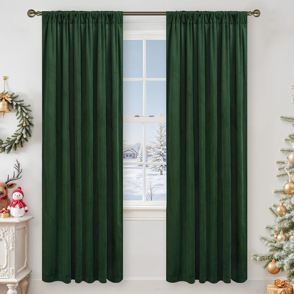 Lamit Velvet Curtains 80 Inch for Living Room, Emerald Green Thermal Insulated Room Darkening Panels Soundproof Back Tab and Rod Pocket Chr…