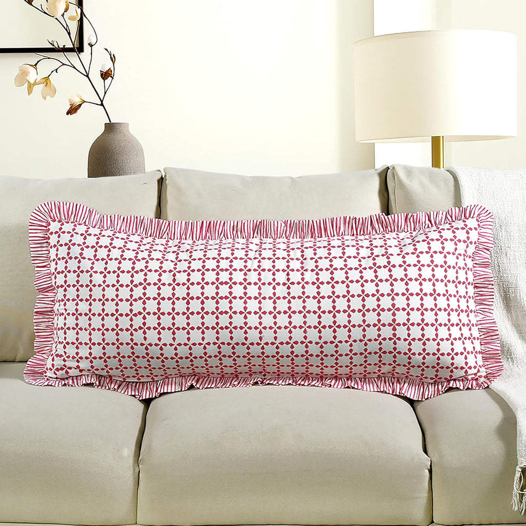 Cottonprintclub CPC Hand Block Print Magenta Pink Ruffle Sham Pillow Cover 36" x 14" inch Hidden Zipper Decorative Pillowcase for Couch, Be…