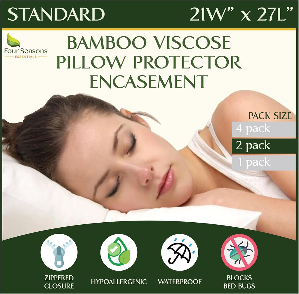 Four Seasons Essentials Standard Size Waterproof Pillow Protectors (Set of 2) - Natural Viscose derived from Bamboo Pillow Covers…