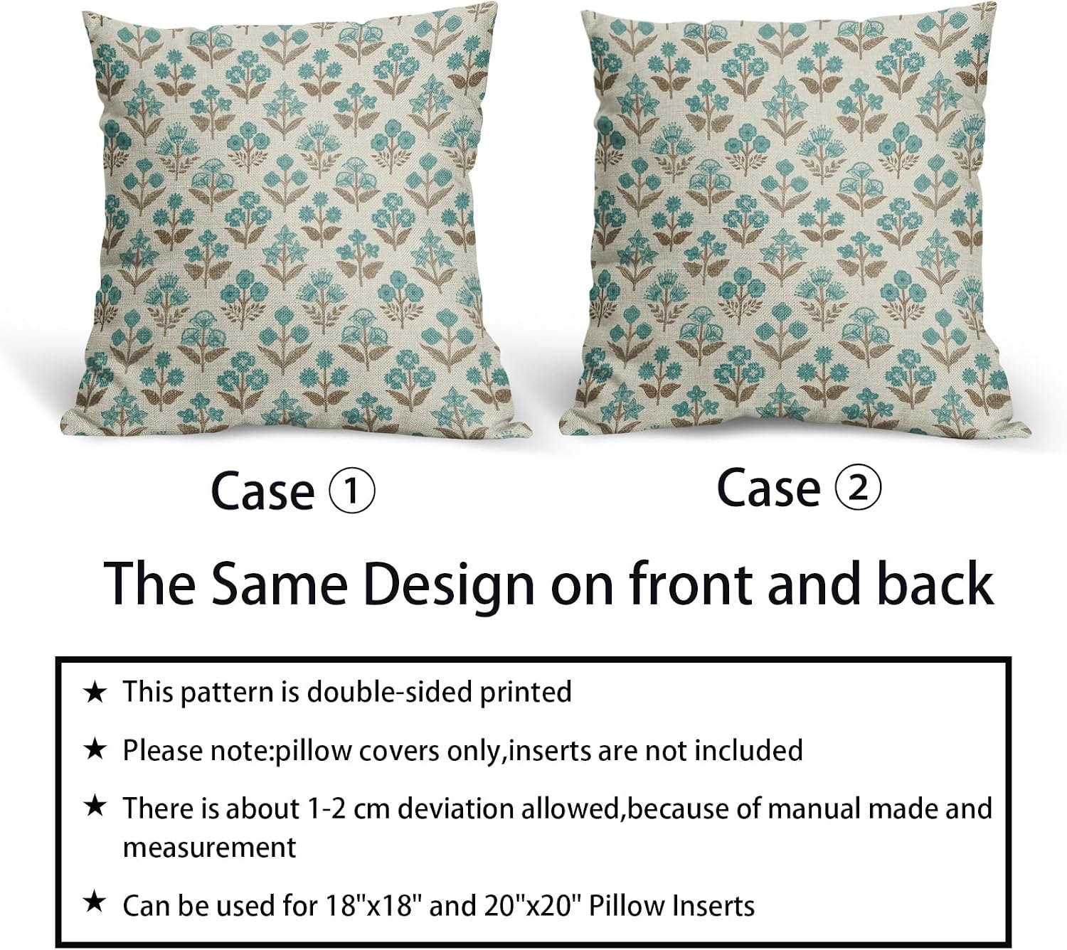 Brown Cyan Floral Block Print Pillow Covers 18x18 Inch Set of 2, Vintage Flower Pattern Decorative Throw Pillowcases Outdoor Farmhouse…