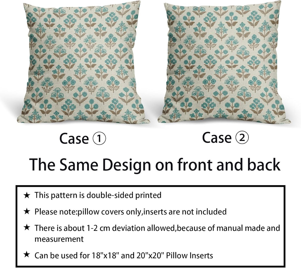 Brown Cyan Floral Block Print Pillow Covers 20x20 Inch Set of 2, Vintage Flower Pattern Decorative Throw Pillowcases Outdoor Farmhouse…