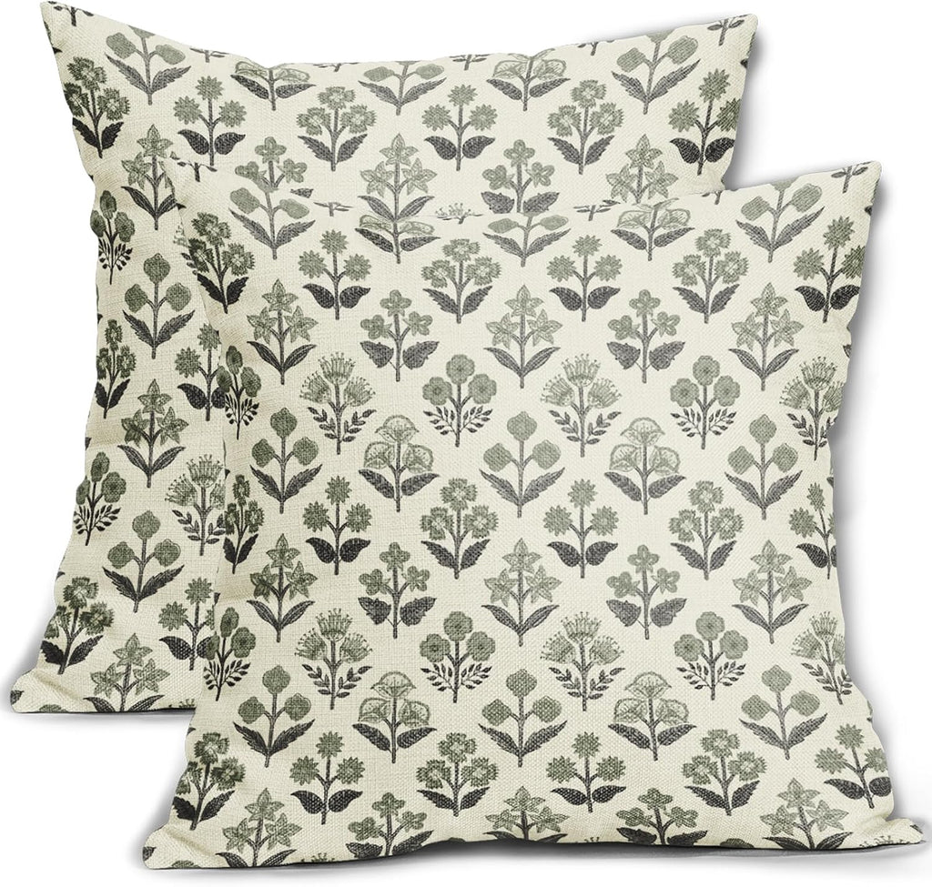 Black Sage Green Floral Block Print Pillow Covers 18x18 Inch Set of 2, Vintage Flower Pattern Spring Summer Decorative Throw Pillowcases…