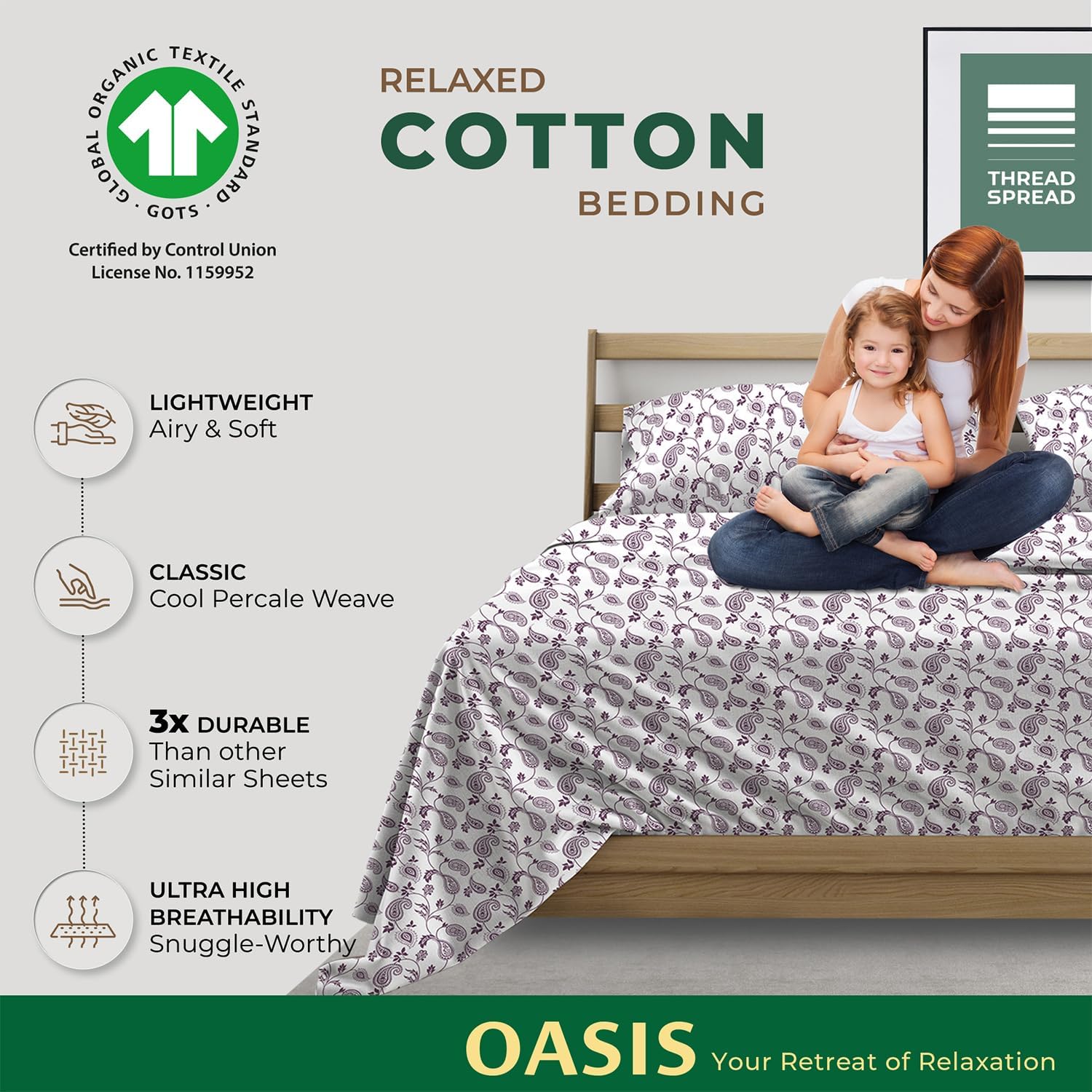 THREAD SPREAD 100% Organic Cotton Sheets Twin XL Size - Organic Cotton Percale Weave Sheet Set (3 PC, Paisley), Soft, Cooling, Crisp &…