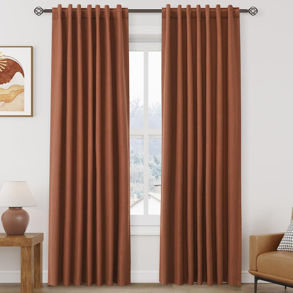Nanspring Terracotta 100% Blackout Linen Curtains 84 Inch Length 2 Panels Set for Bedroom Back Tab Boho Farmhouse Decor Black Out Curtain f…