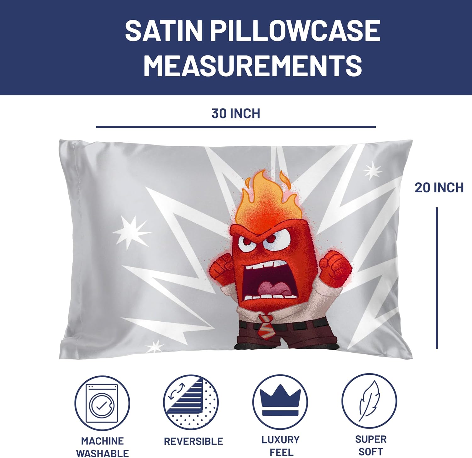 JayFranco Disney Pixar Inside Out Anger Satin Pillowcase - Standard Size 20x30 Inch Silky Soft Grey Pillow Cover 30 inch Grey