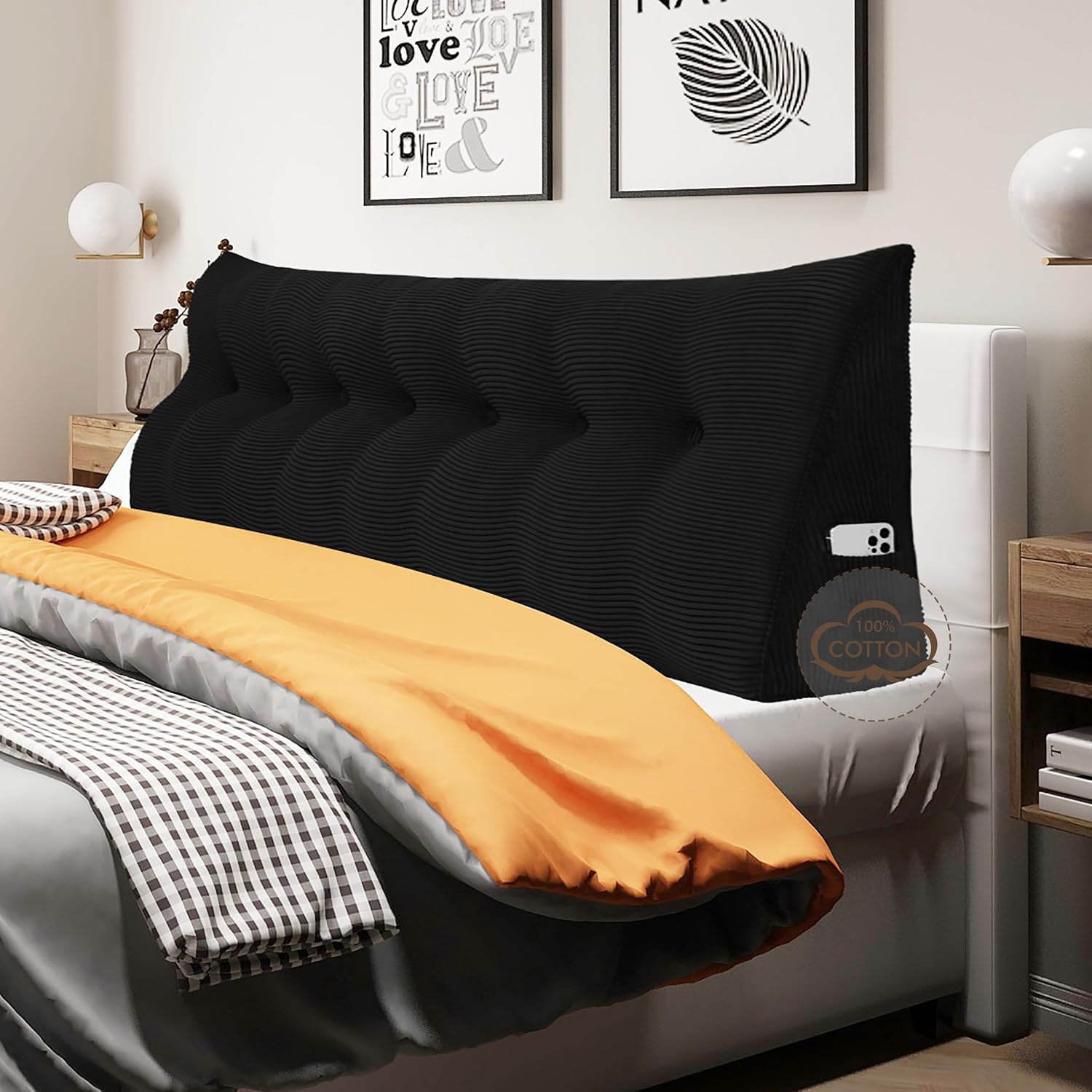 WOWMAX 100% Cotton Corduroy Headboard Pillow – King Size Back Support Reading Wedge for Bed & Daybed, Plush Handmade Bolster Cushion with…