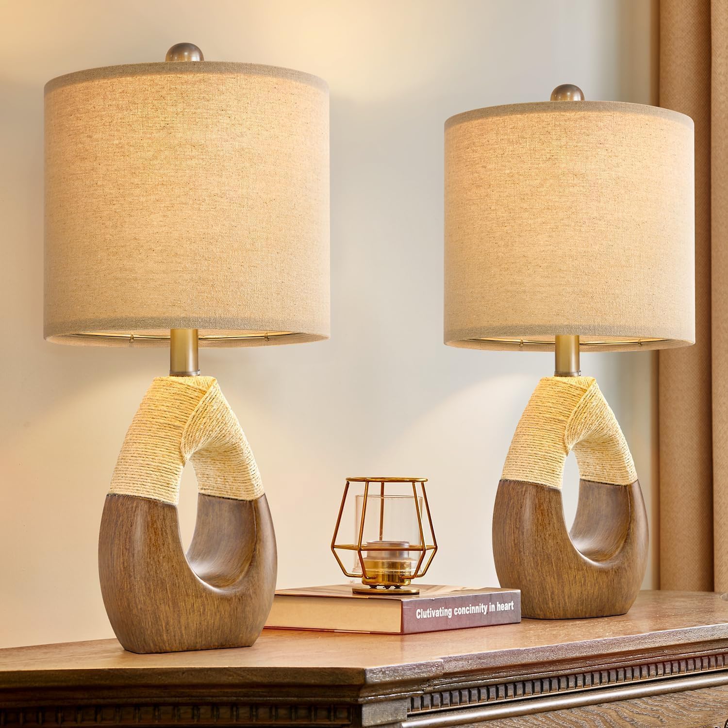 OYEARS Boho Table Lamps Bedroom Living Room Set 2, Suitable for Small Space, Farmhouse RattanTable Lamp 19”Rustic Egg Design Resin Light…