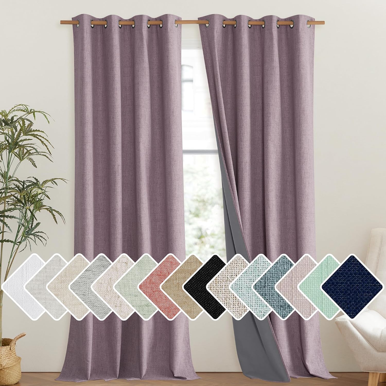 NICETOWN Chaise Mauve Vintage Linen 100% Blackout Curtains for Living Room, Thermal Insulated Curtains 95" Long, Noise Reducing Window…