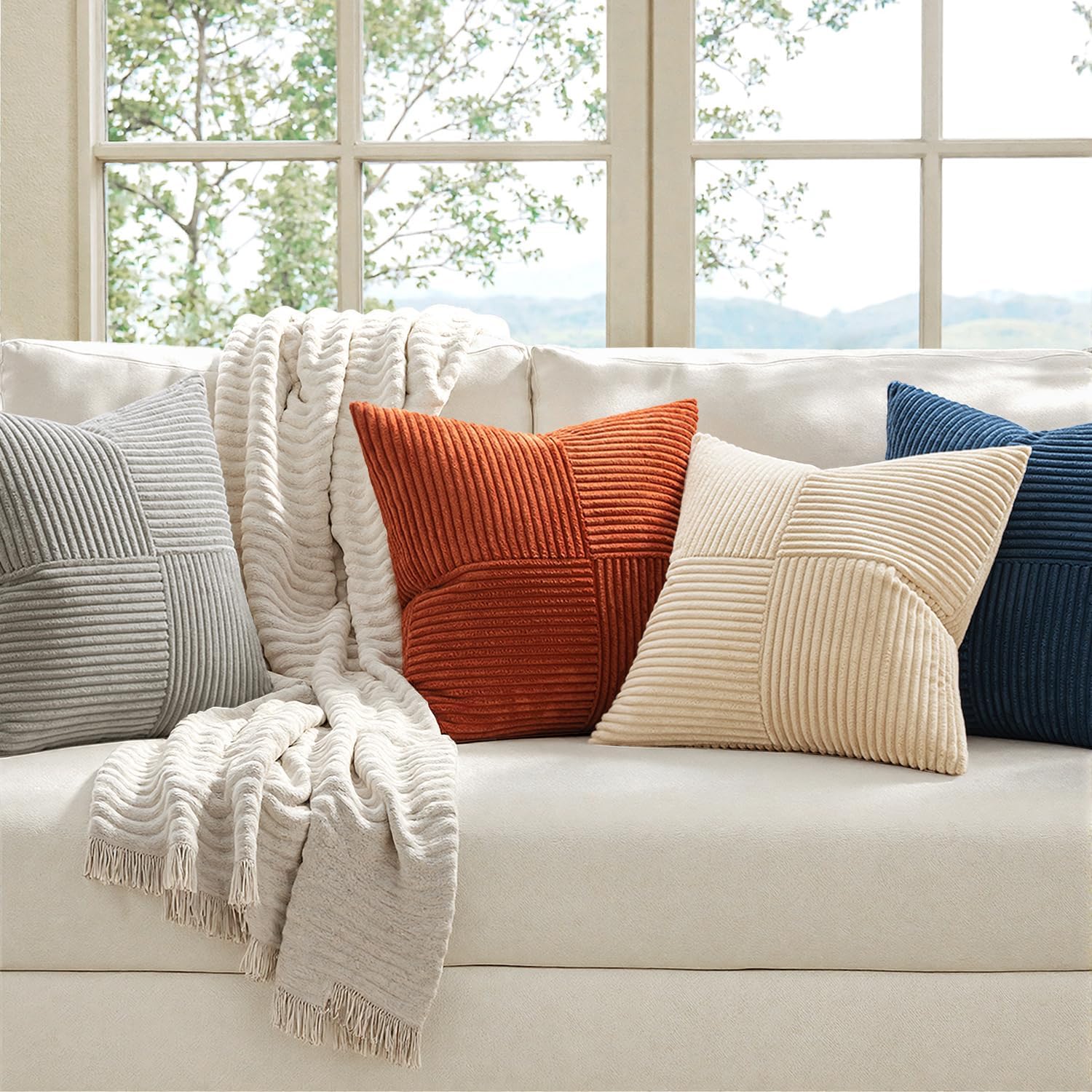 Miulee Blue Rust Throw Pillow Covers 18x18 Inch Set of 4 Boho Farmhouse Cushion Cases Soft Corduroy Nordic Corduroy Pillow Cases Patchwork…