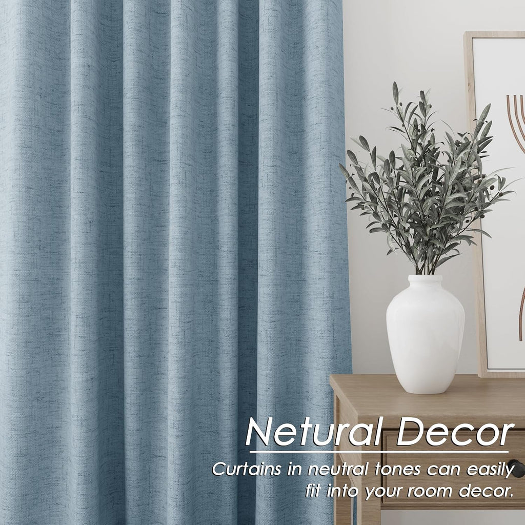 Nanspring Blue 100% Blackout Linen Curtains 108 Inches Long for Bedroom Back Tab Thermal Insulated Luxury Modern Farmhouse Decor Black Out…