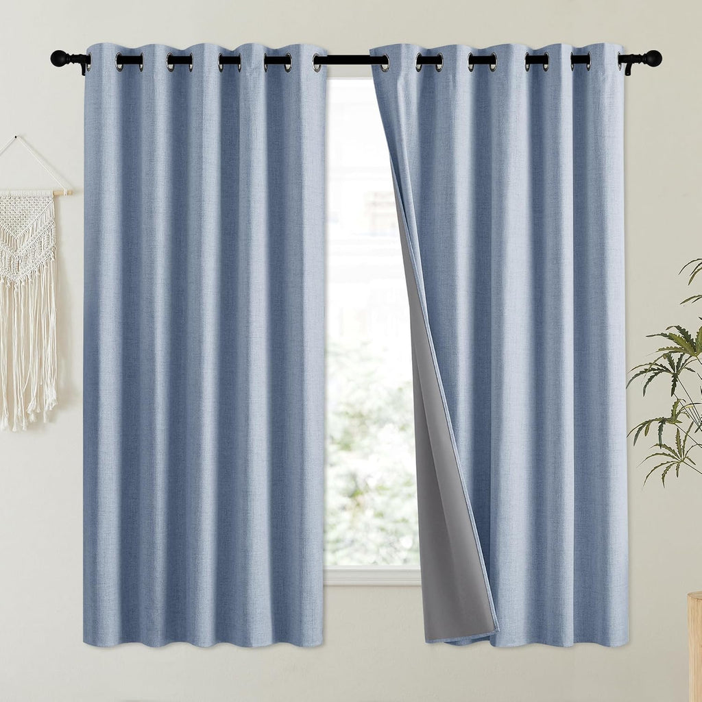 NICETOWN Stone Blue Vintage Linen 100% Blackout Curtains for Kitchen, Thermal Insulated Curtains 63" Long, Noise Reducing Window…