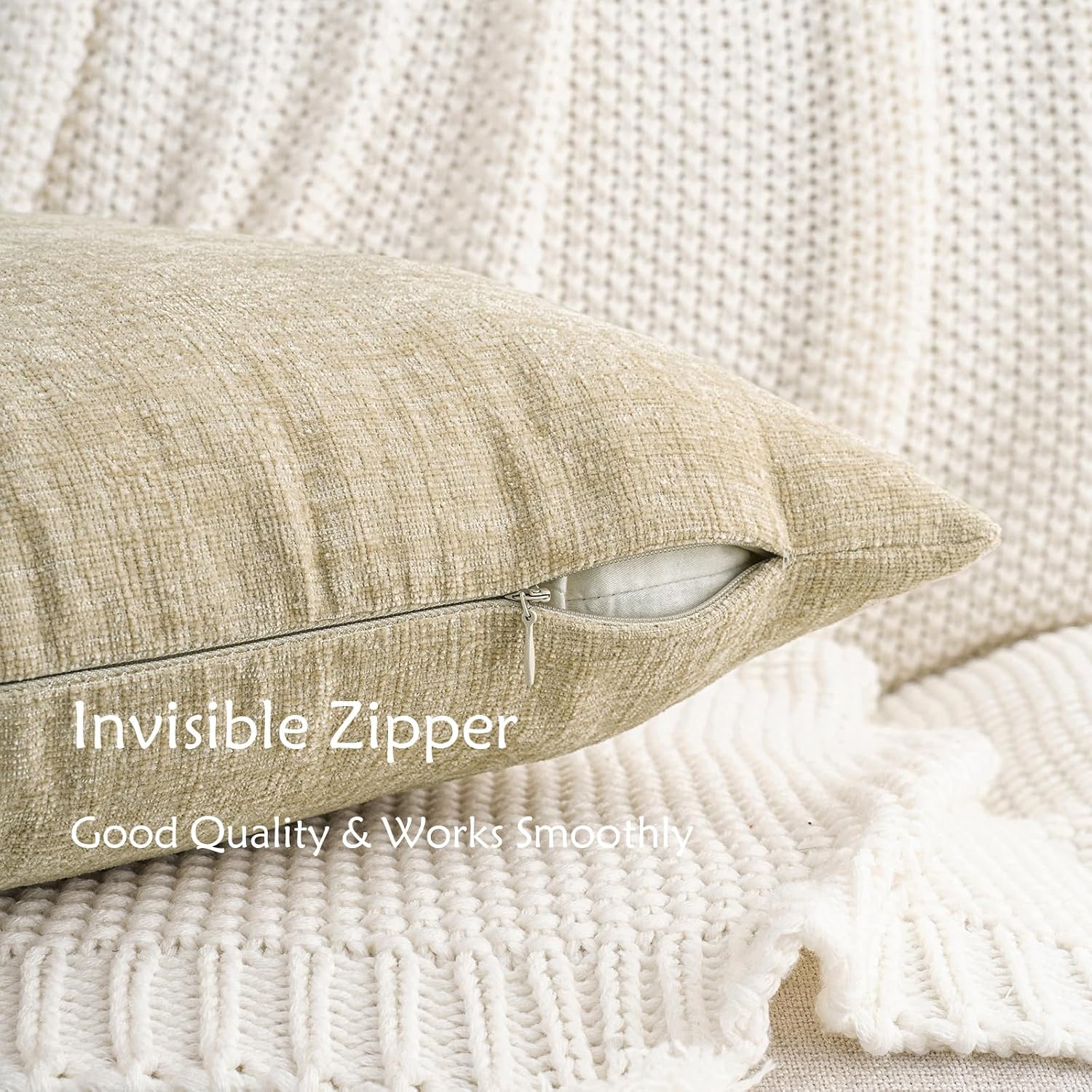 Hwy50 HWY 50 Beige Couch Pillow Covers 22x22 Inch Pack of 2, Soft Chenille Decorative Throw Pillow Cases Farmhouse for Sofa Living Room Bed…