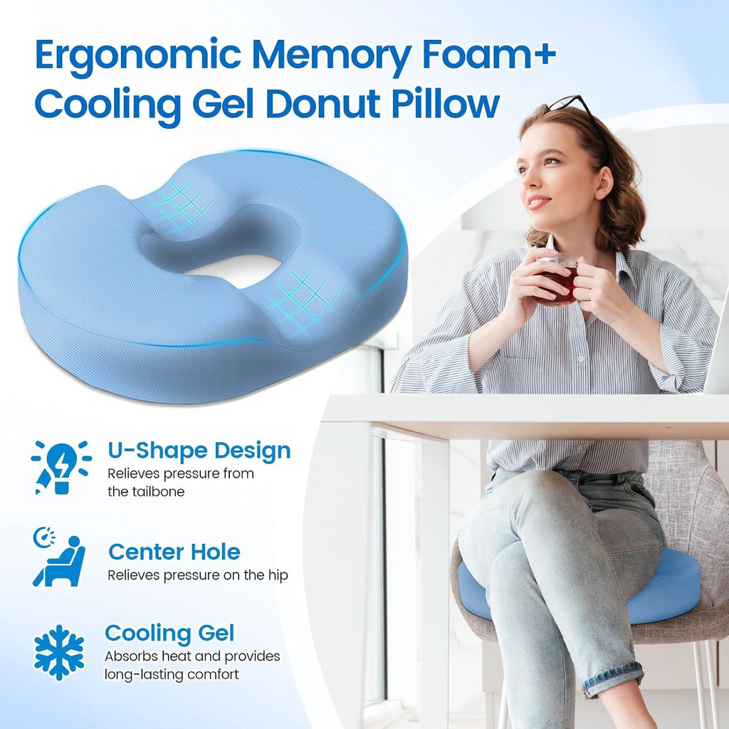 CushZone Donut Pillow Seat Cushion - Cooling Gel Donut Chair Cushions, Memory Foam Seat Cushion for Office & Home, Car Seat Cushion and But…