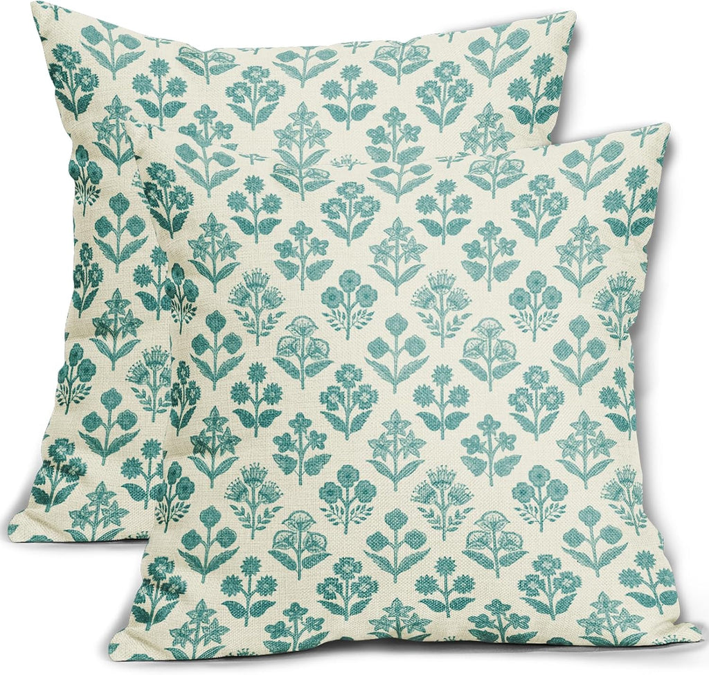Teal Floral Pillow Covers 18x18 Inch Set of 2, Vintage Flower Block Print Pattern Decorative Throw Pillowcases Outdoor Farmhouse Cushion…