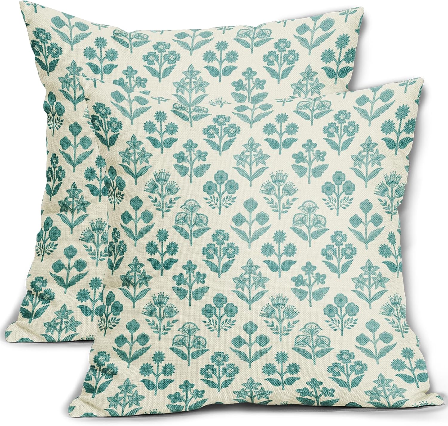 Teal Floral Pillow Covers 18x18 Inch Set of 2, Vintage Flower Block Print Pattern Decorative Throw Pillowcases Outdoor Farmhouse Cushion…
