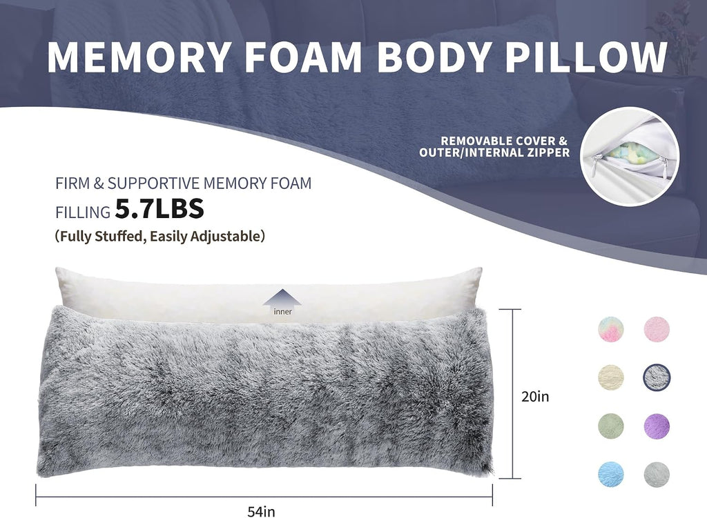Wsofrlac Fluffy Silk Full Body Pillow for Adults 20x54 Satin Body Pillow Cover Pillowcase with Memory Foam for Bed Grey Pregnancy Cuddle Sn…
