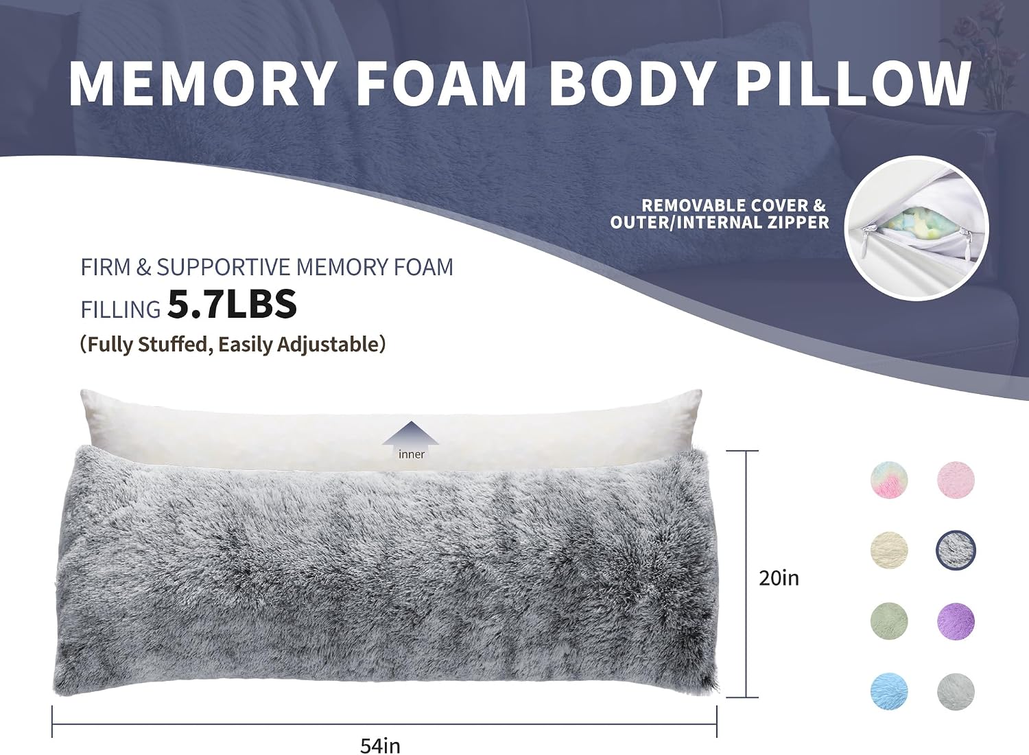 Wsofrlac Fluffy Silk Full Body Pillow for Adults 20x54 Satin Body Pillow Cover Pillowcase with Memory Foam for Bed Grey Pregnancy Cuddle Sn…