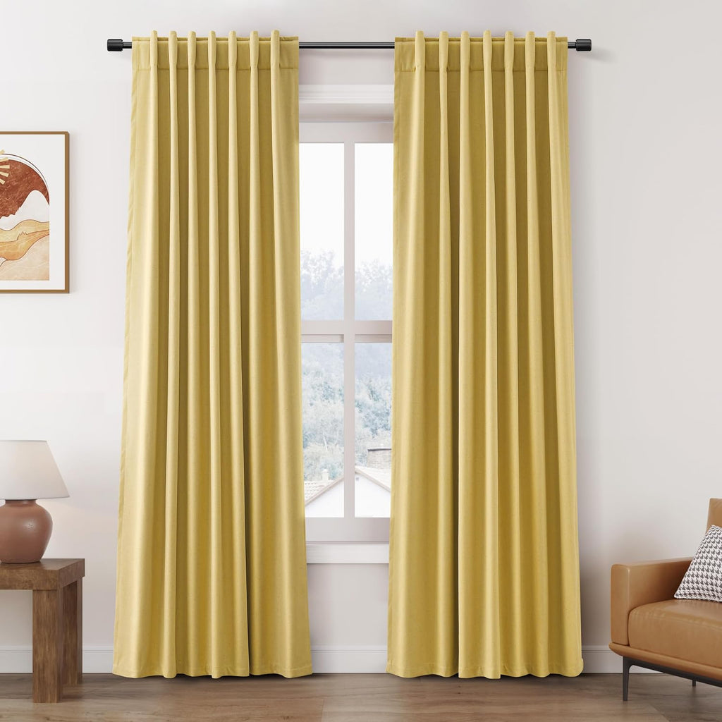 Nanspring Gold 100% Blackout Linen Curtains 84 Inch Length 2 Panels Set for Bedroom Back Tab Modern Farmhouse Decor Black Out Curtain for L…