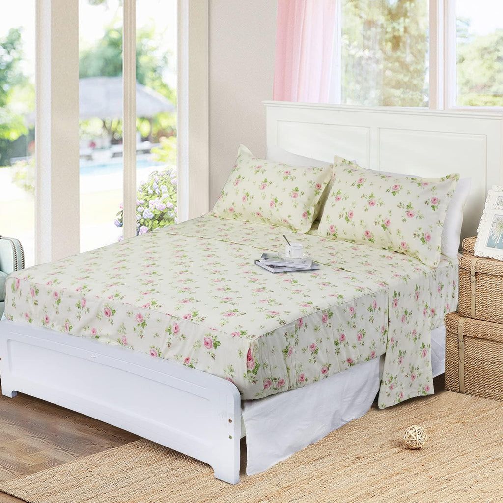 FADFAY Floral Sheets Full 100% Cotton Pink Rose Bed Shees Shabby & Chic Bedding Light Yellow Rosette Print Breathable Soft Luxury Deep…