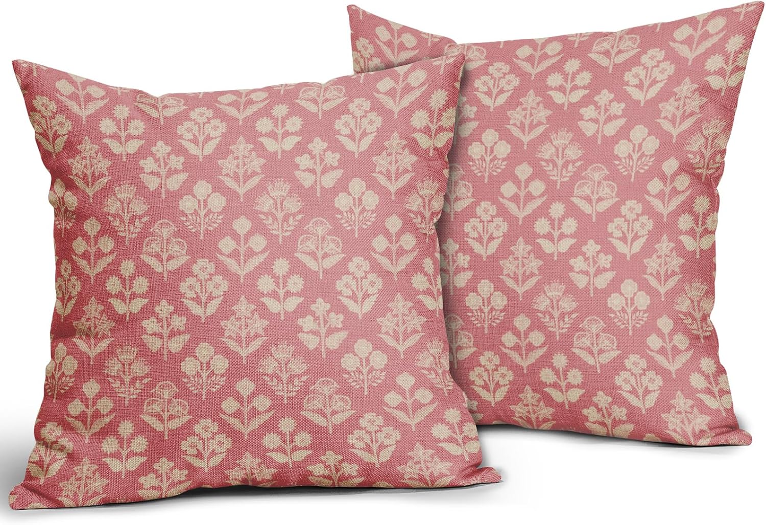 Pink Floral Block Print Pillow Covers 18x18 Inch Set of 2, Vintage Flower Pattern Decorative Throw Pillowcases Outdoor Farmhouse Cushion…