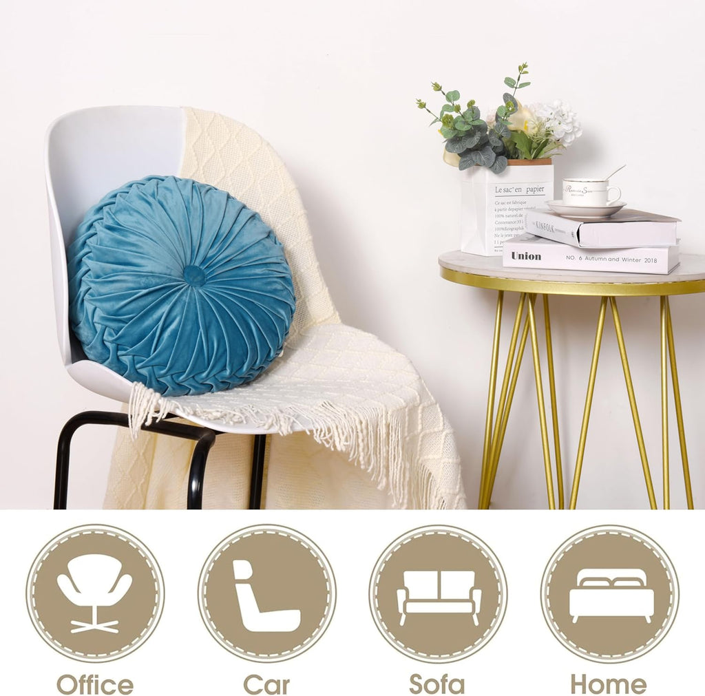 HIG Set of 2 Dusty Blue Ruched Velvet Round Throw Pillows – 14.5’’ Decorative Pillows with Soft Polyester Filling for Couch, Bed, Living…