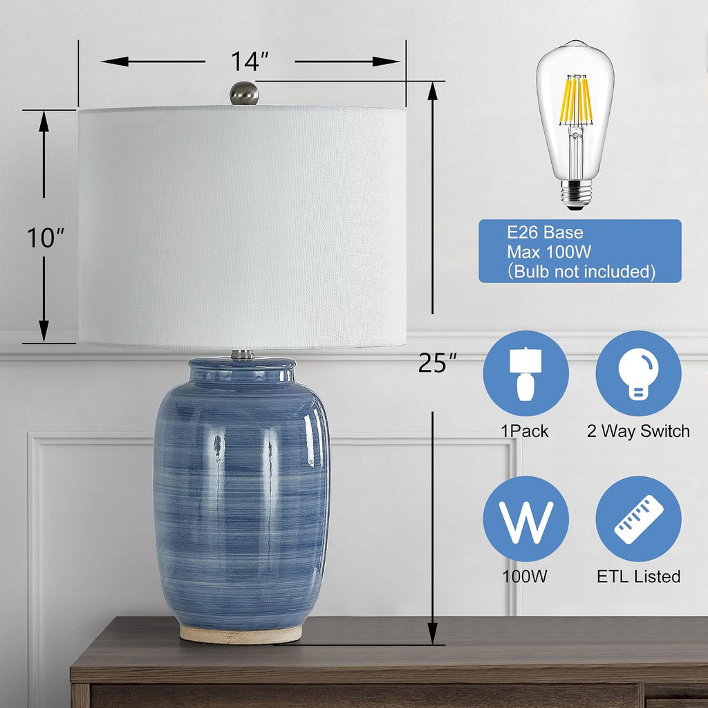 Maxax 25" Blue Table Lamp for Living Room, Modern Ceramic Lamp with White Shade, Coastal Blue Bedside Nightstand Lamp for Bedroom Home…