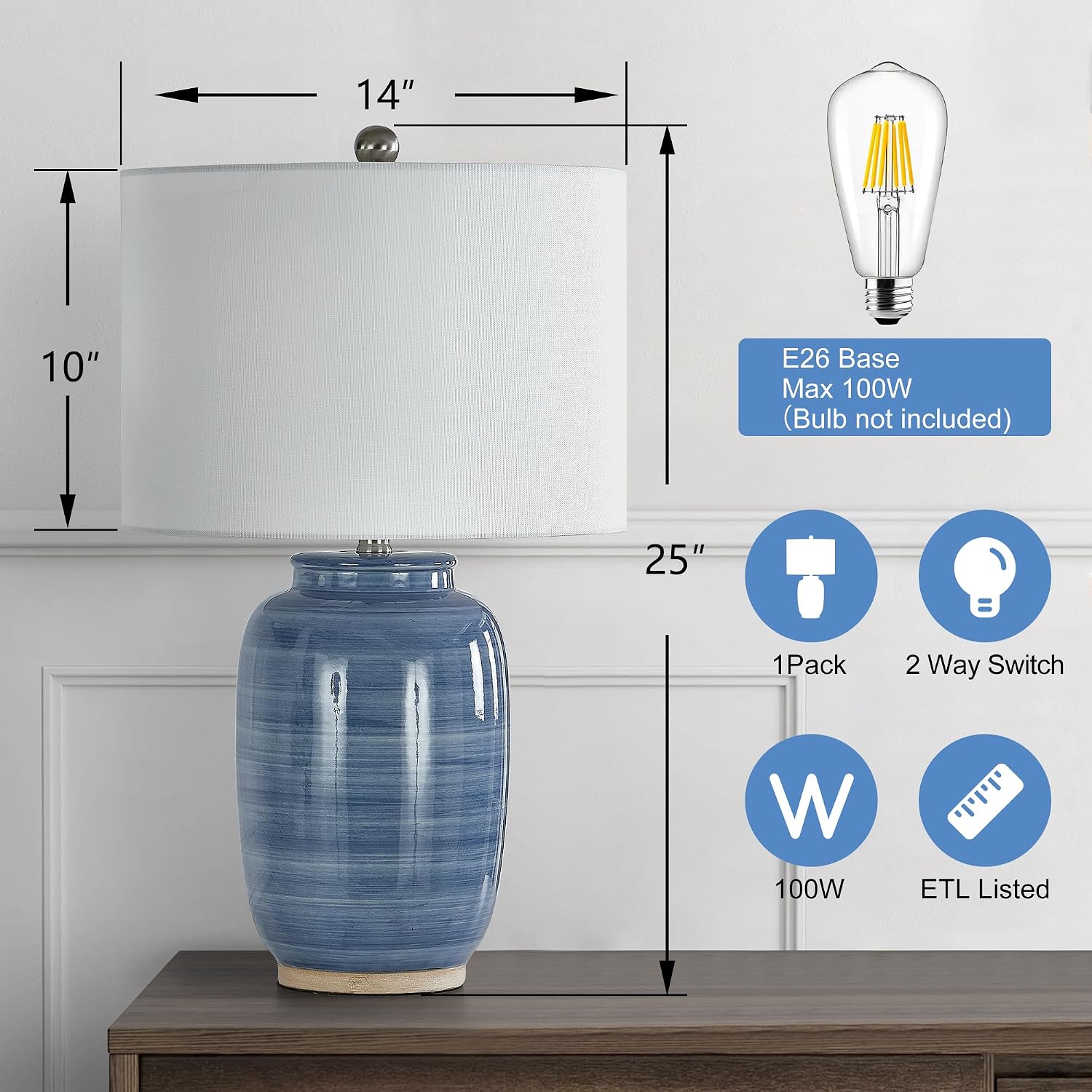 Maxax 25" Blue Table Lamp for Living Room, Modern Ceramic Lamp with White Shade, Coastal Blue Bedside Nightstand Lamp for Bedroom Home…