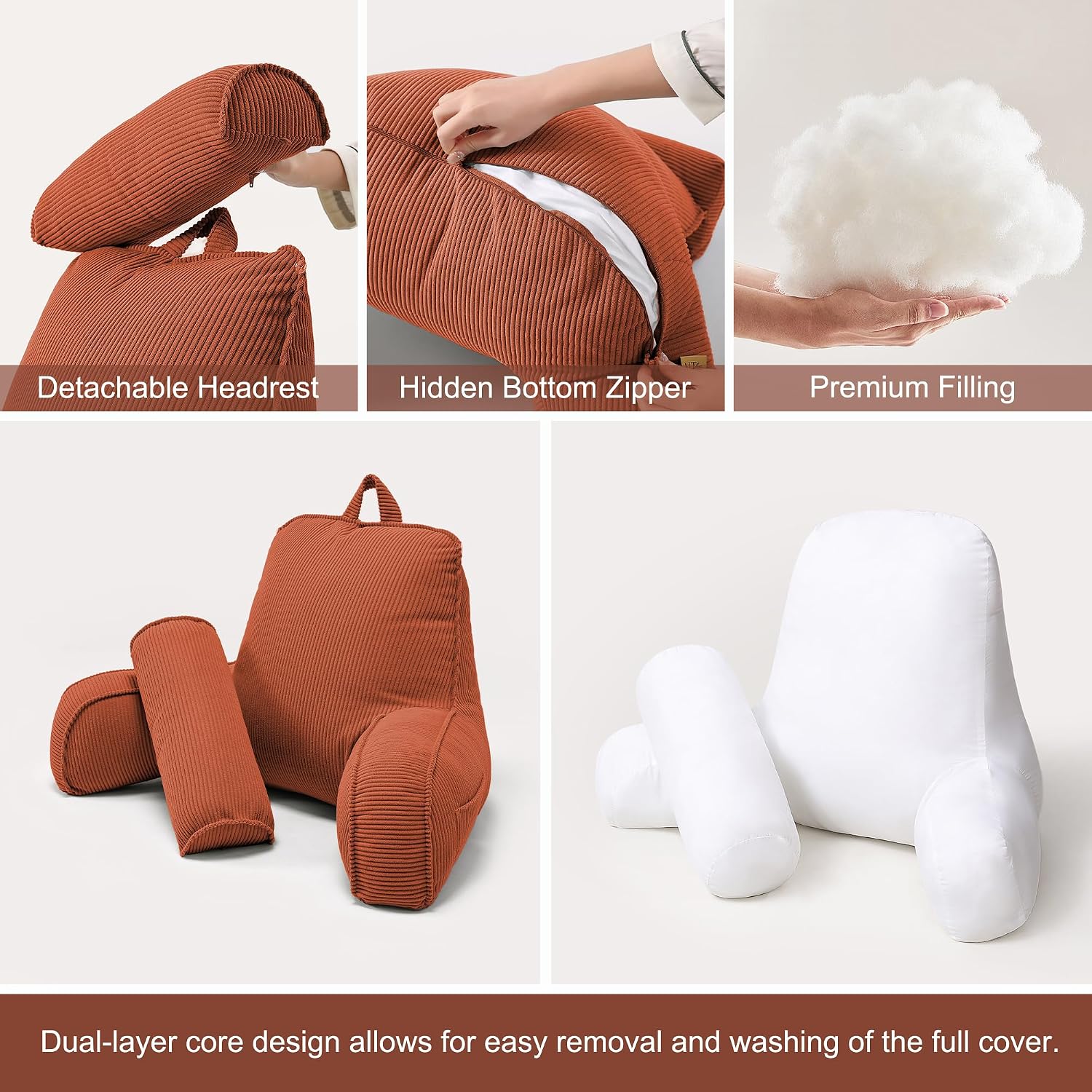 Ailuteie Pillow with Arms for Sitting Up in Bed, Reading Backrest Pillow, Corduroy Back Support Cushion with Side Pockets & Washable Cover,…