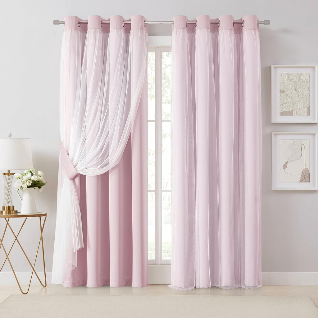 Bujasso Pink Blackout Curtains with Sheer Overlay Mix and Match Double Layer 80% Room Darkening Window Treatment Set for Girls Bedroom Livi…