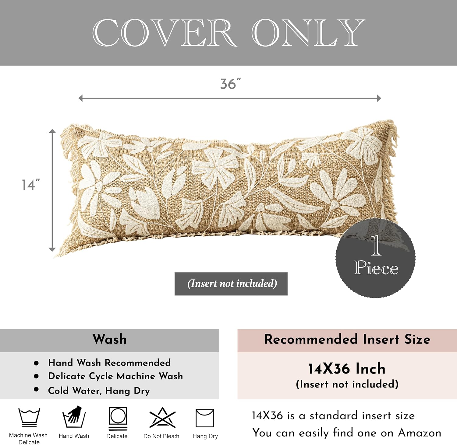 BlissBlush Jute Decorative Spring Long Lumbar Pillow Cover 14x36, Neutral Floral Tufted Body Pillow for Bed, Accent Lumbar Throw Pillow…