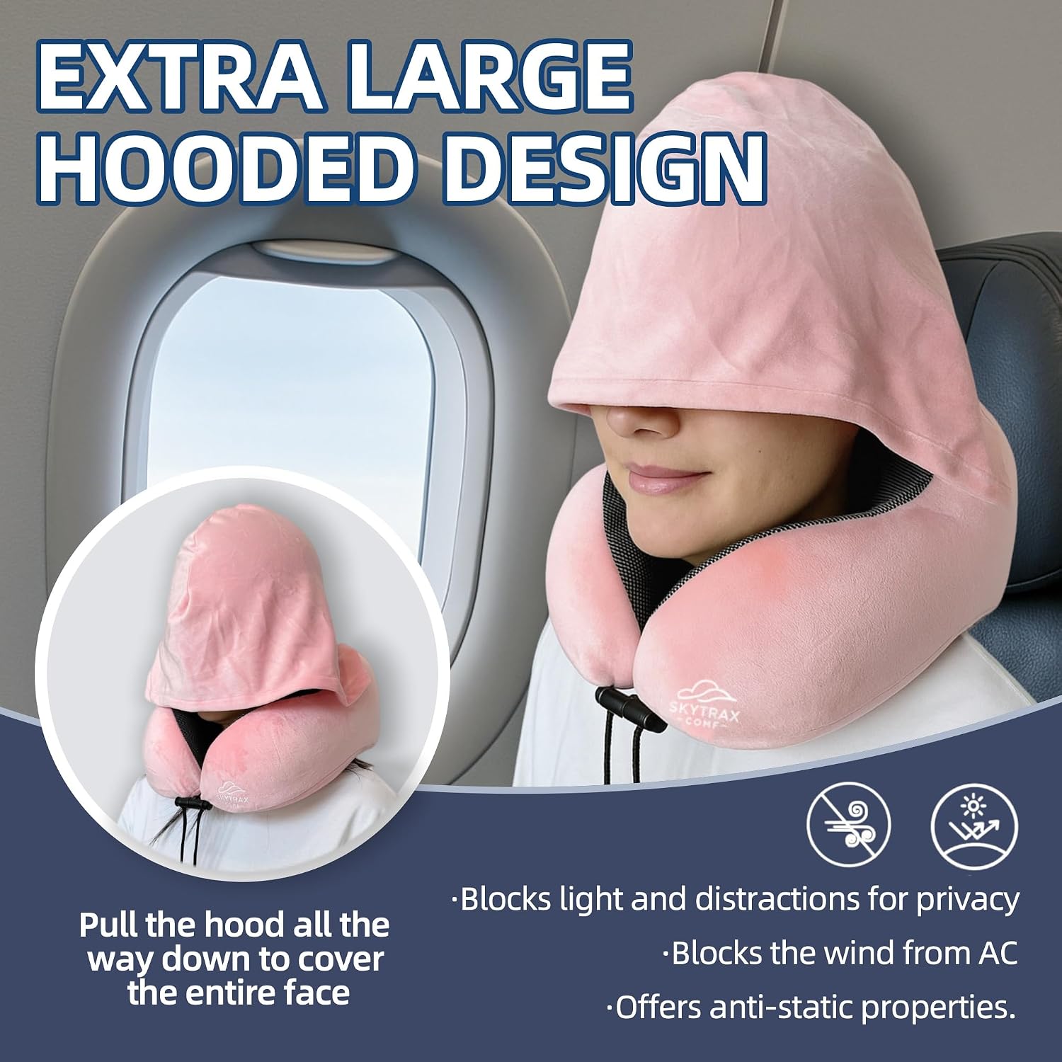 Travel Pillow with Extra Large Hood for Airplane Long Flights Privacy and Comfort Memory Foam with Velvet Cover for Road Trip Head&Neck…