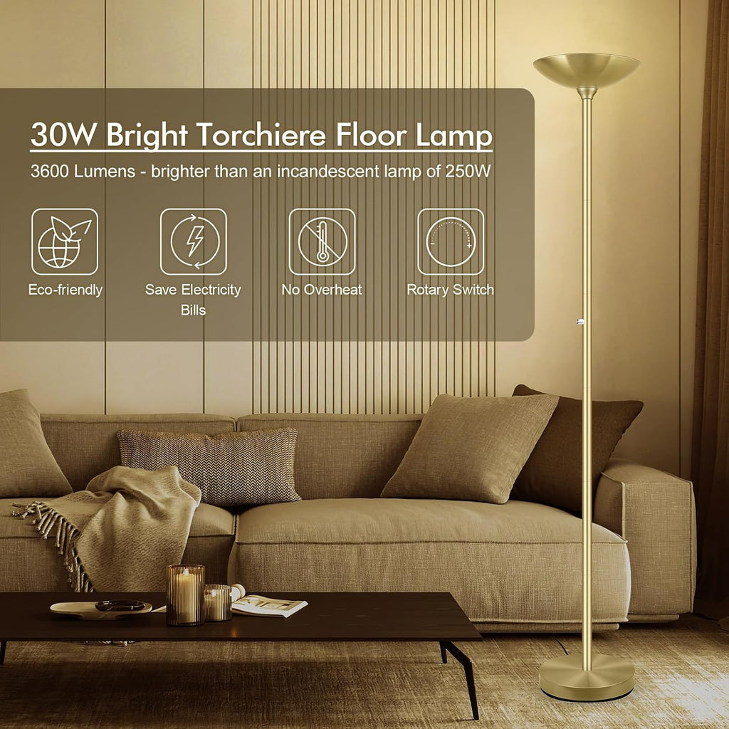 30W Torchiere Floor Lamp Gold, 3600LM Bright Stepless Dimmable Floor Lamp, 71 Inch LED Standing Lamp 3000K, Rotary Switch, I Inch Thick…