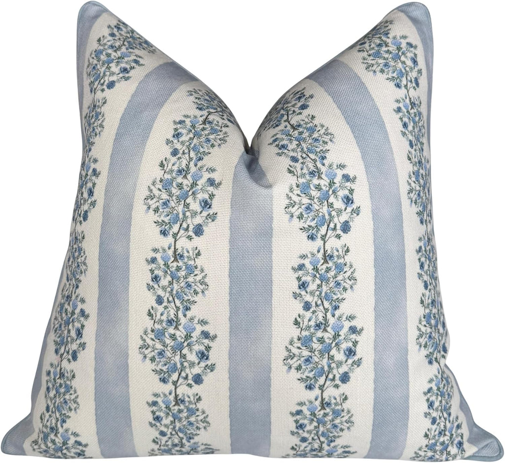 Jillien Harbor “The Juliet” Floral Block Print Pillow Cover – Soft Blue and Off-White Decorative Throw Pillow Cover – Grandmillennial…
