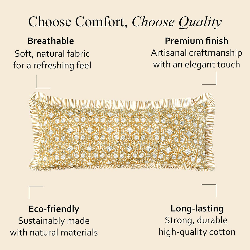 Cottonprintclub CPC Hand Block Print Mustard Regal Ruffle Sham Pillow Cover 36" x 14" inch Hidden Zipper Decorative Pillowcase for Couch, B…