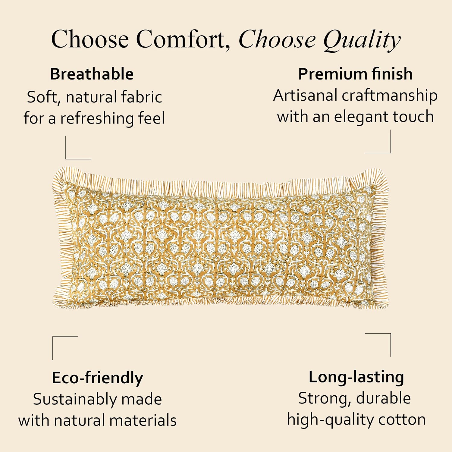 Cottonprintclub CPC Hand Block Print Mustard Regal Ruffle Sham Pillow Cover 36" x 14" inch Hidden Zipper Decorative Pillowcase for Couch, B…