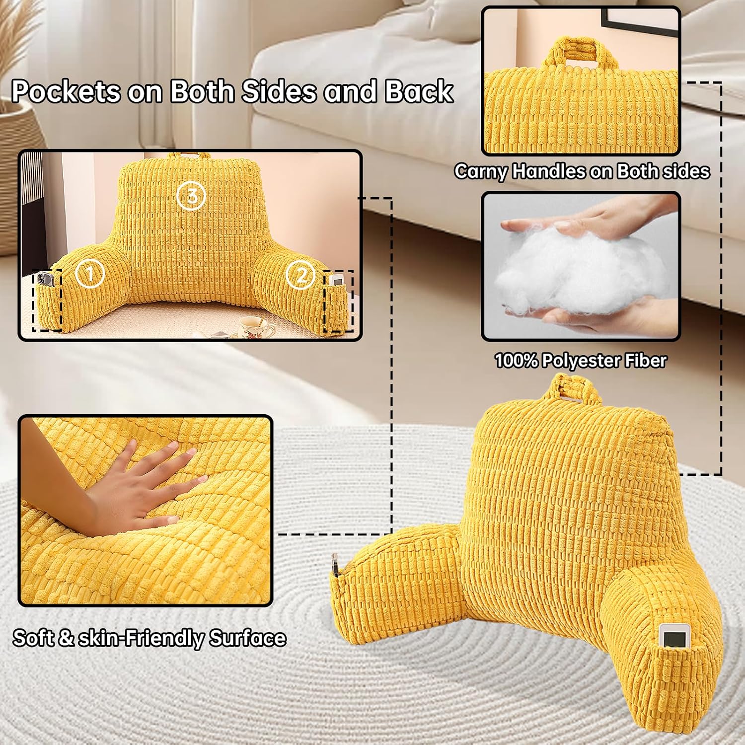 Pajeo Extra Large Sitting Pillow for Bed,19" Reading Pillow for Sitting Up with Arms, Oeko-TEX Certified Sturdy Backrest for Couch & Floor S…