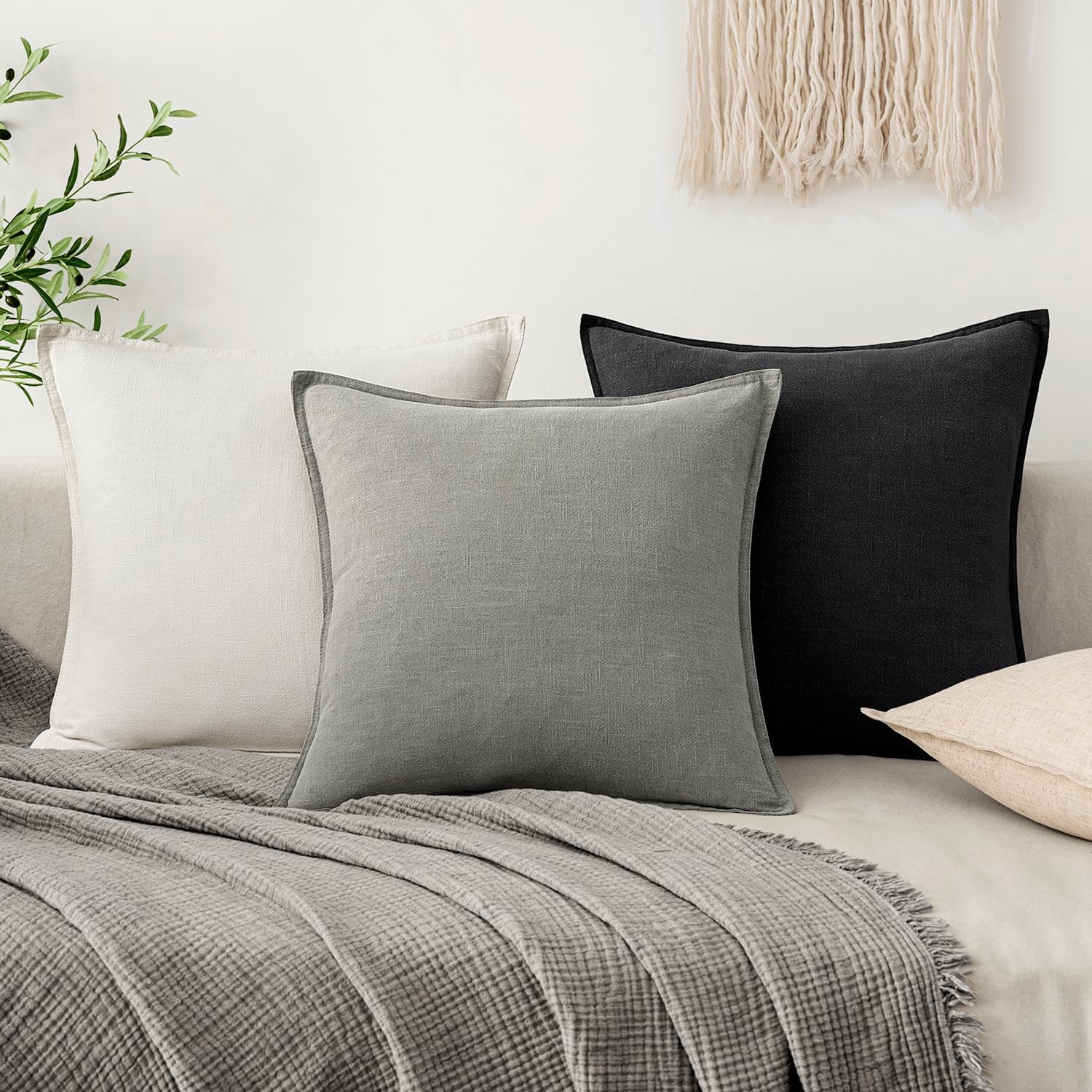 EMEMA Decorative Linen Throw Pillow Covers 20x20 Inch Light Grey Boho Farmhouse Neutral Couch Throw Pillows for Bed Pack of 2 Accent…