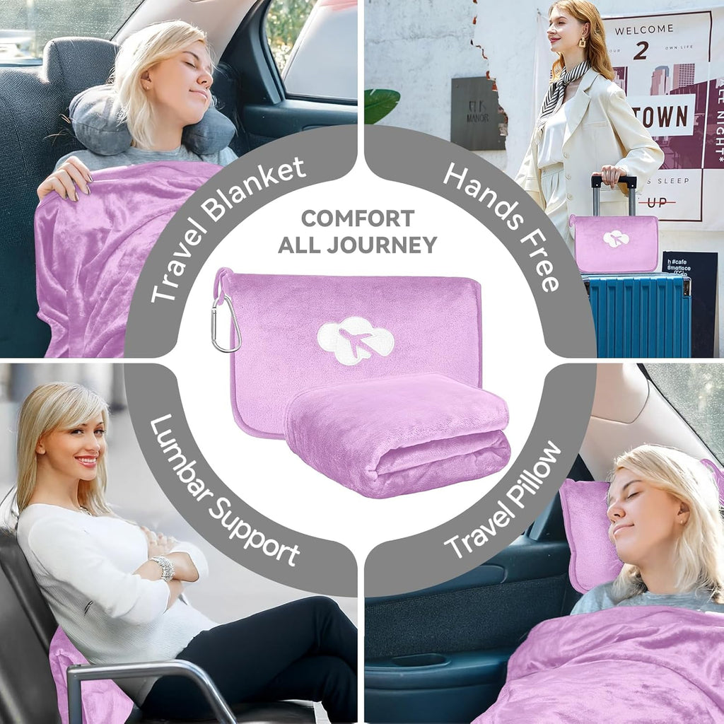 JungleStar Travel Blanket and Pillow Compact, Soft 2 in 1 Airplane Blanket with Soft Bag Pillowcase, Hand Luggage Sleeve and Backpack Clip (…