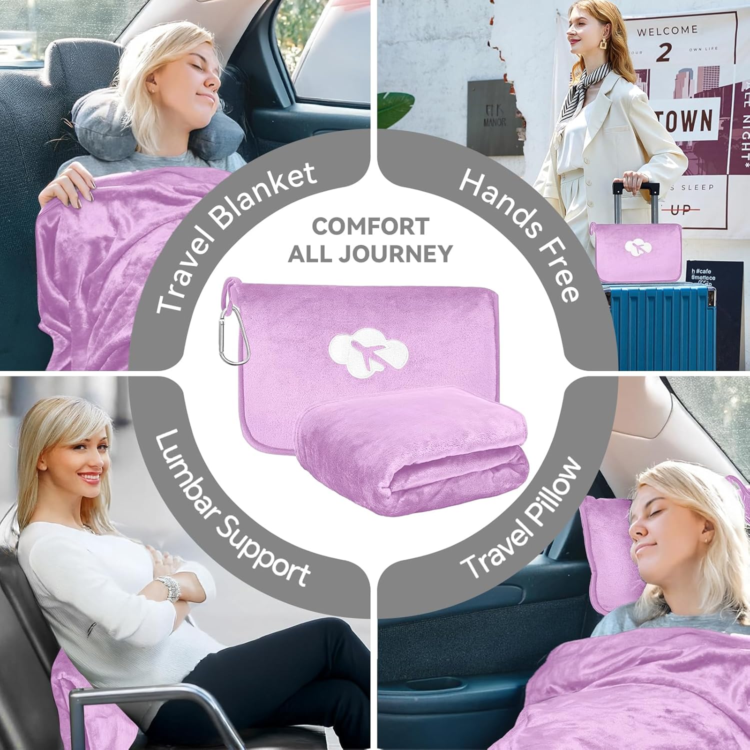 JungleStar Travel Blanket and Pillow Compact, Soft 2 in 1 Airplane Blanket with Soft Bag Pillowcase, Hand Luggage Sleeve and Backpack Clip (…