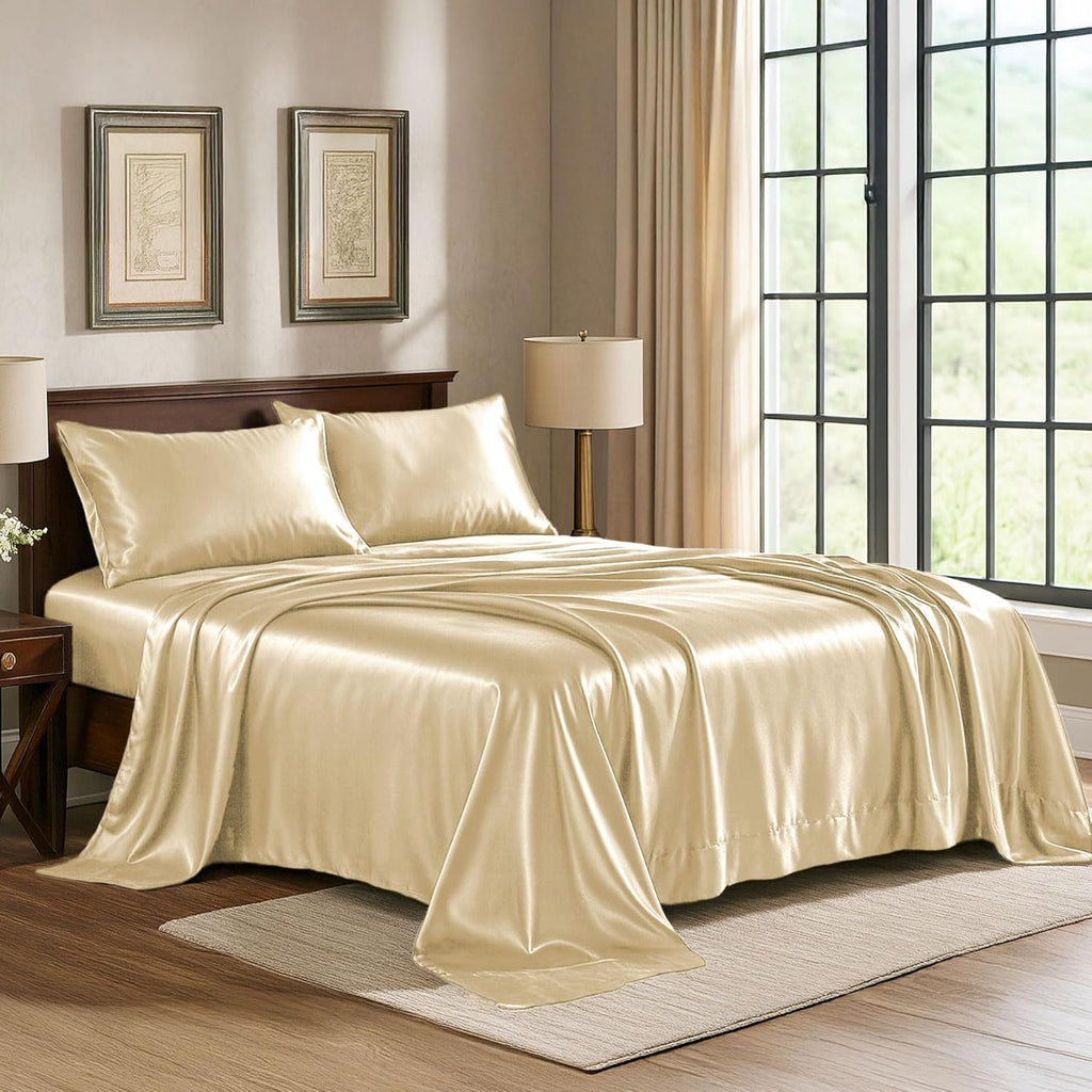 PureBedding Satin Sheets California King [4-Piece, Ivory] Luxury Silky Bed Sheets - Extra Soft 1800 Microfiber Sheet Set, Wrinkle, Fade, St…