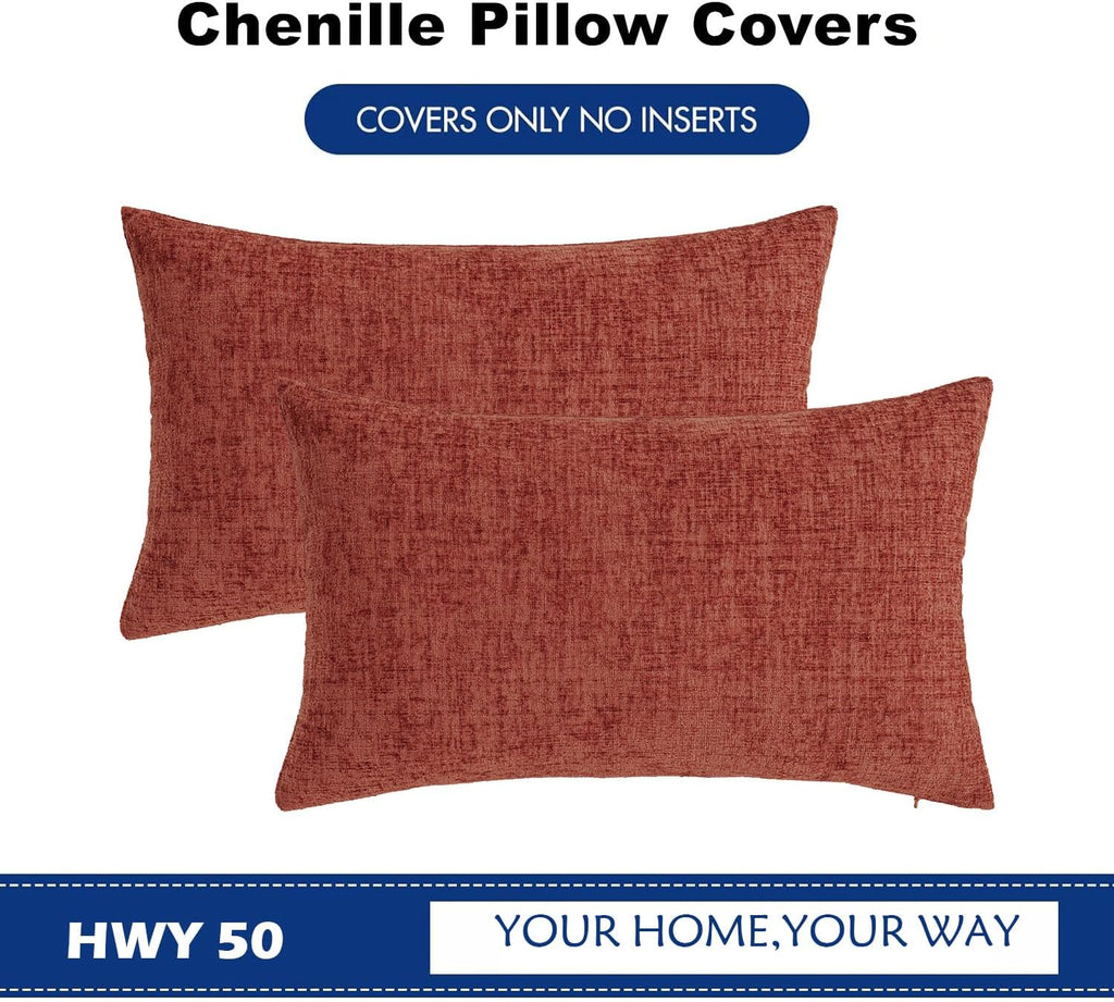 Hwy50 HWY 50 Burnt Orange Lumbar Pillow Covers 12x20 Inch Pack of 2, Soft Chenille Decorative Throw Pillow Covers Farmhouse Fall for Couch…