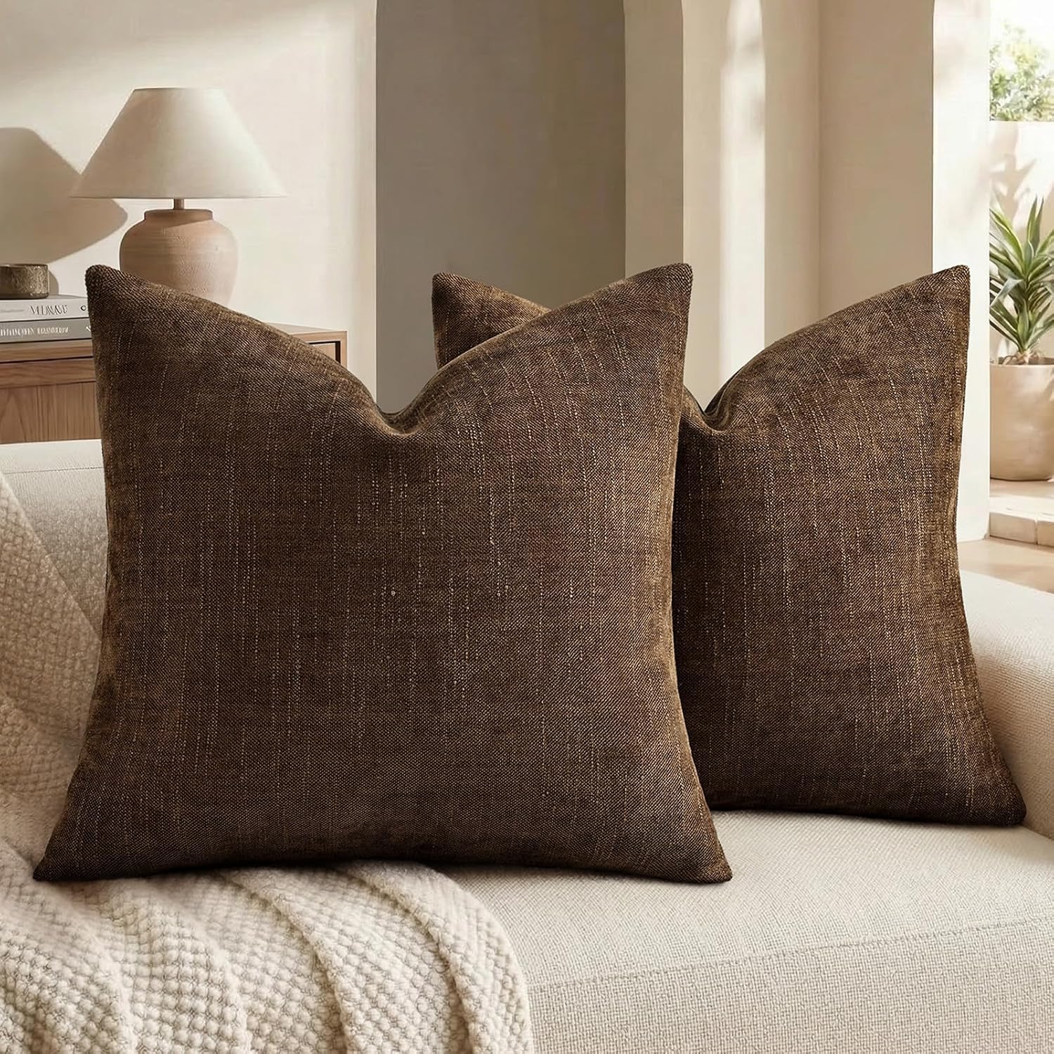 decorUhome Chenille Throw Pillow Covers 24x24 Set of 2, Square Decorative Pillow Covers with Zipper for Couch, Sofa, Living Room, Brown