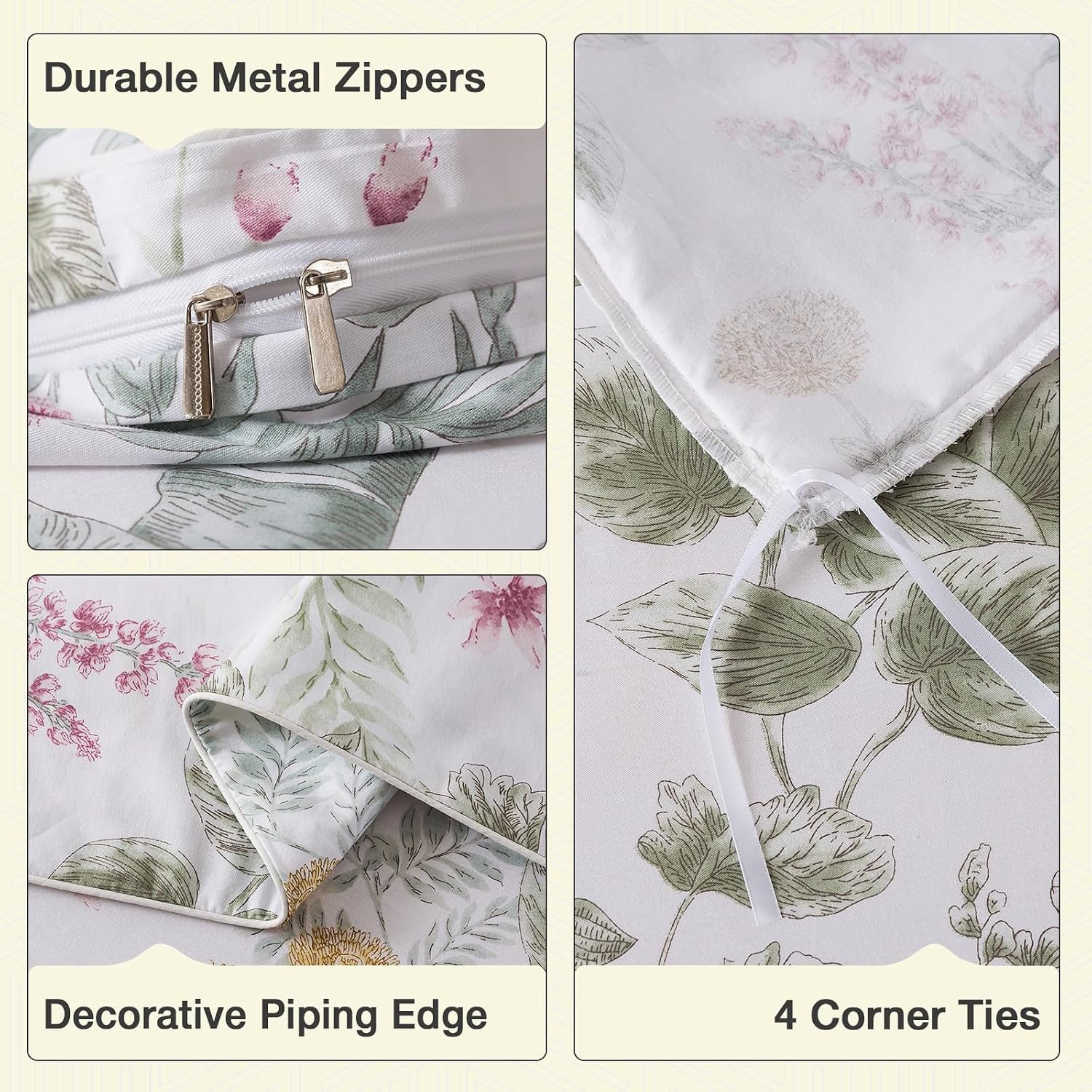 Puralens Tropical Pink Floral Percale Duvet Cover, Queen Green Palm Leaf Reversible Zipper Duvet Cover Set with Ties, Yellow Daisy 100% Cot…