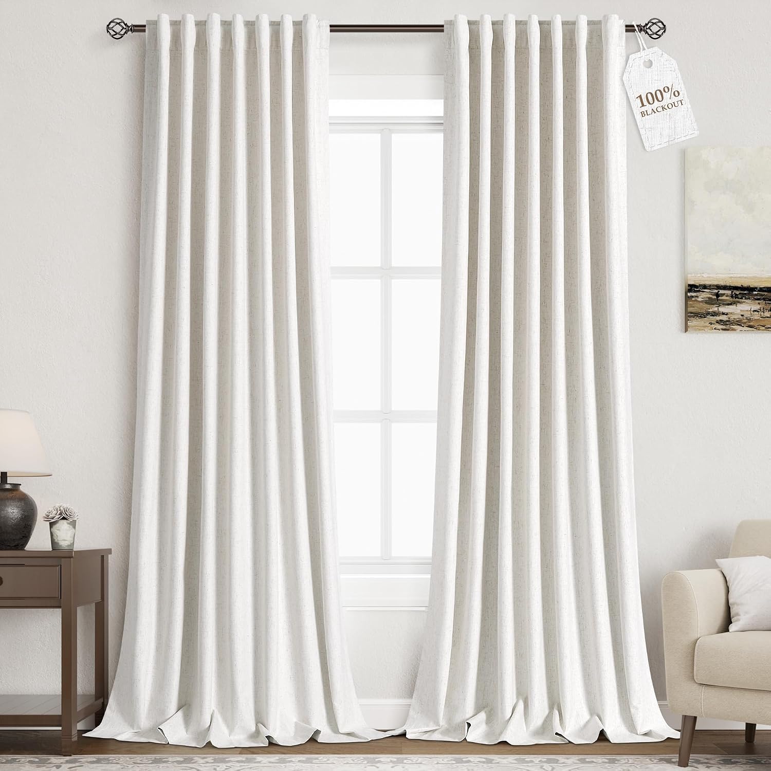 Nanspring Linen 100% Blackout Floor to Ceiling Extra Long Curtains 96 Inches Long for Bedroom 8ft Back Tab Cream Farmhouse Decor Black Out…