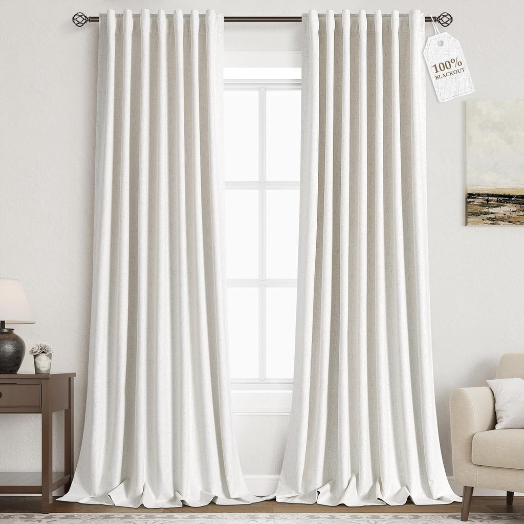 Nanspring 100% Blackout Linen 90 Inch Curtains for Bedroom Back Tab Cream Light Blocking Black Out Curtain for Living Room Thermal Insulate…