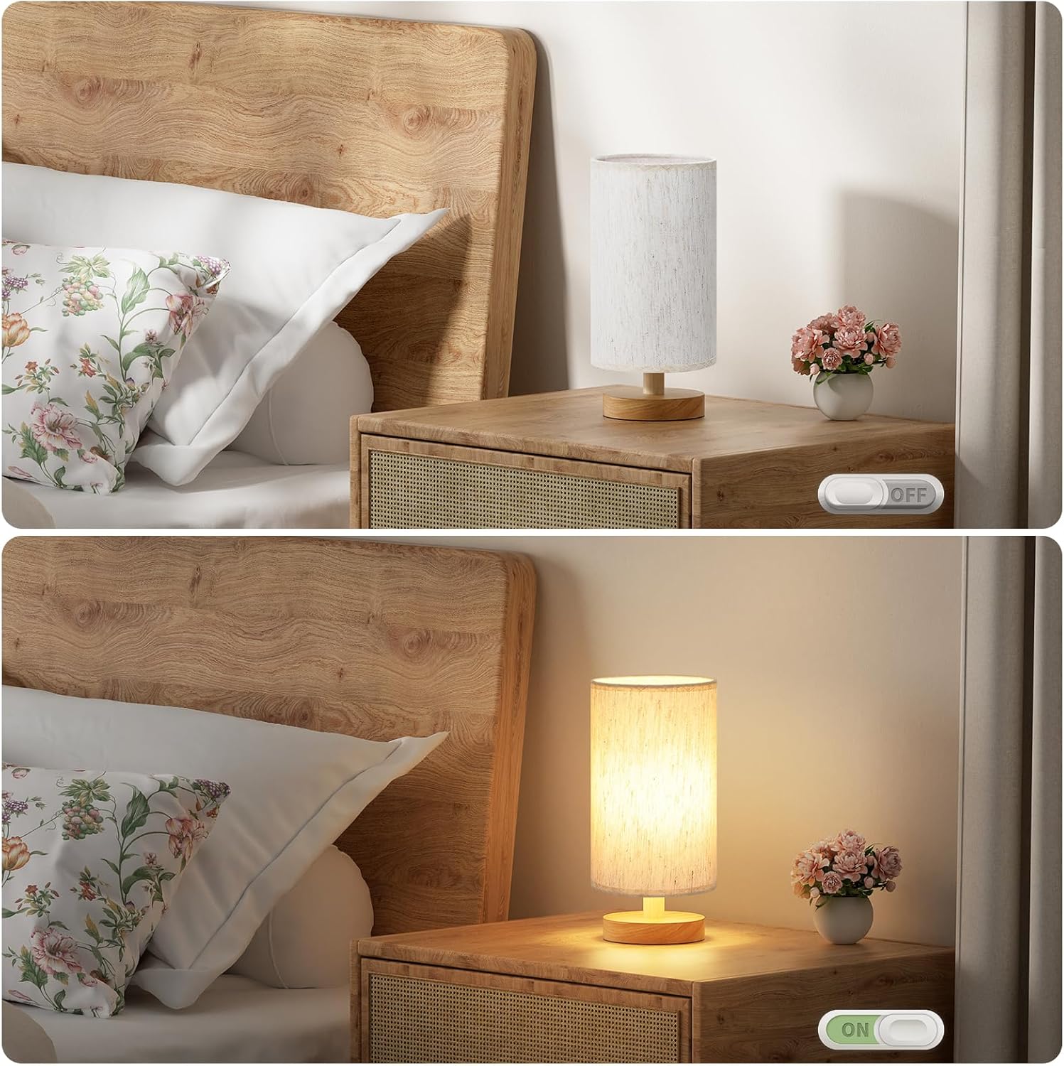 Fenmzee Small Table Lamp for Bedroom - Inline Control, Bedside Lamp with 3000K A15 LED Blub, Easy Assembly (Cream Shade - Wood Base, 9"…